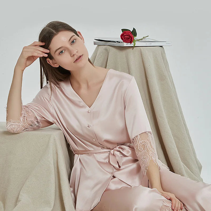 Silk pajamas for women 100% Mulberry Luxury Silk Long SleeveXL Sleepwear pyjamas women 22MM Loran