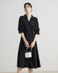 Temperament Black A-Line Drape Dress with Turn-down Collar