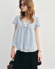 New Blue Striped Ruffle Blouse