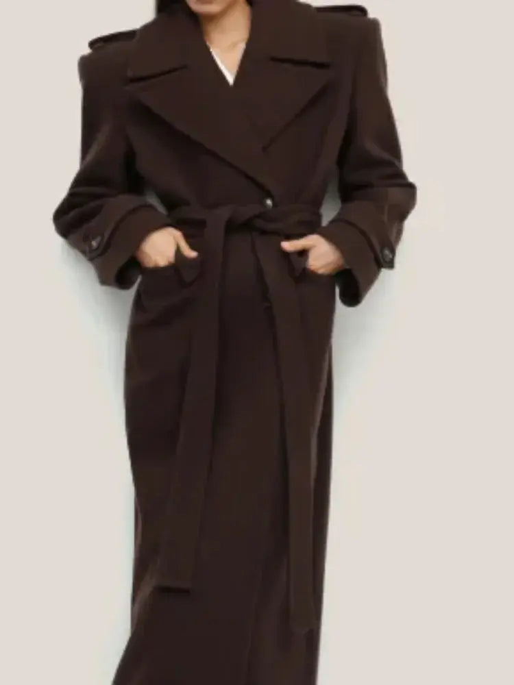 Chic Double-Breasted Wool Coat with Lace-Up Detail - Loran