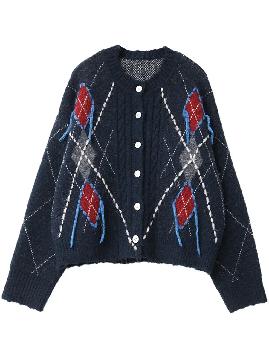 CHIC VEN Women's Knitted Cardigan Warm Loose Vintage Sweater Colorful Diamond Pattern Female Jumpers Autumn Winter Clothes 2024 Loran