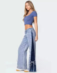 Patchwork Lace-Up Wide-Leg Trousers