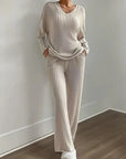 Women's Ribbed Knit Set - V-Neck Sweater & Pants