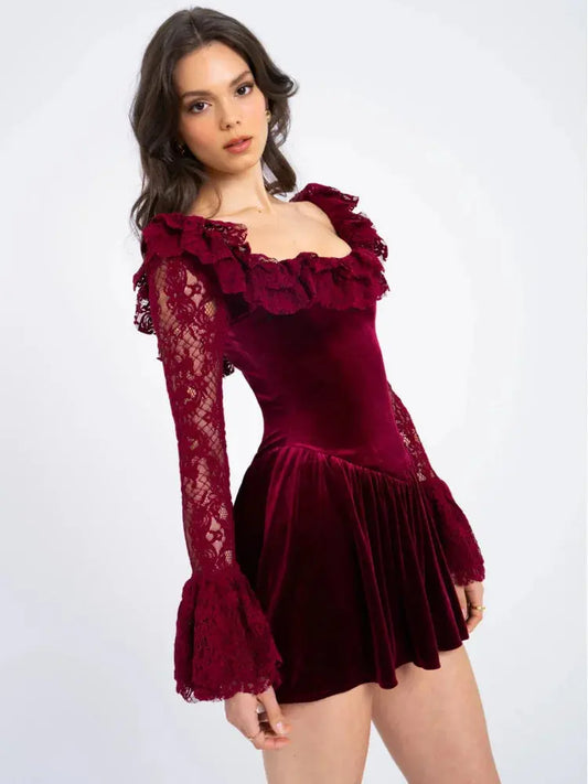 Backless Lace Mini Dress with Square Neck and Lace-Up Detail - Loran
