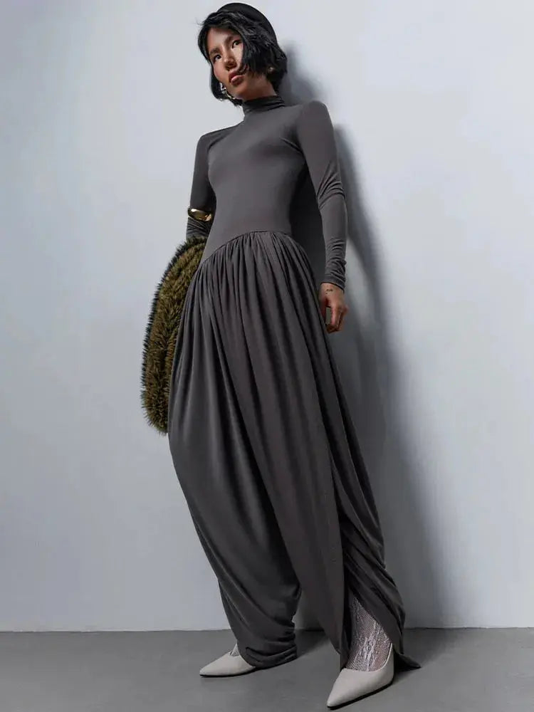 Slim-Fit Patchwork Jumpsuit with Draped Long Sleeves - Loran