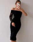 Mesh Midi Dress Fold Sexy Slim Cocktail