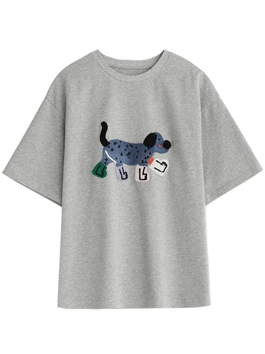 Dog Embroidered Cotton T-Shirt Loose Summer Streetwear Loran