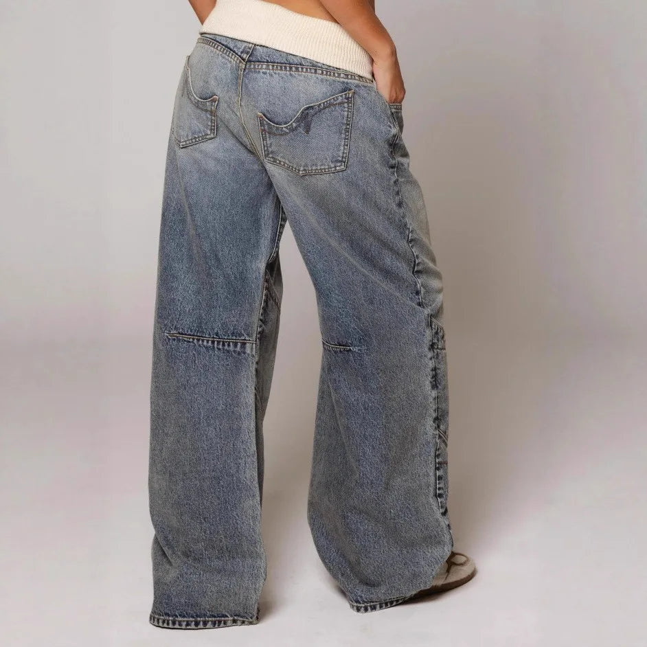 Chic Denim Patchwork Wide Leg Pants