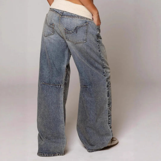 Chic Denim Patchwork Wide Leg Pants