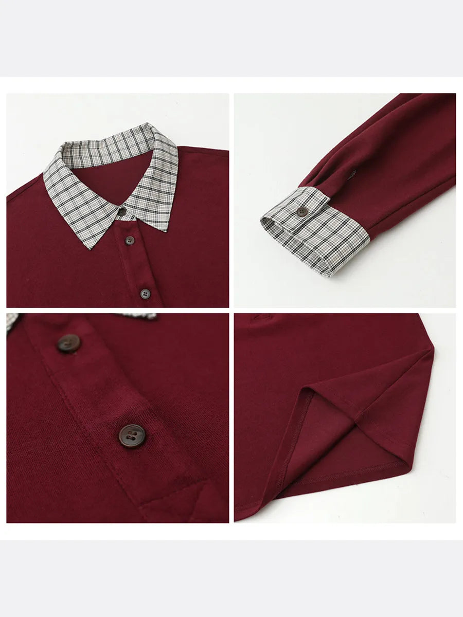 Color Block Plaid T-Shirt Loose Casual Long Sleeve Loran