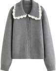 Embroidered Knit Cardigan with Lace Trim and Collar