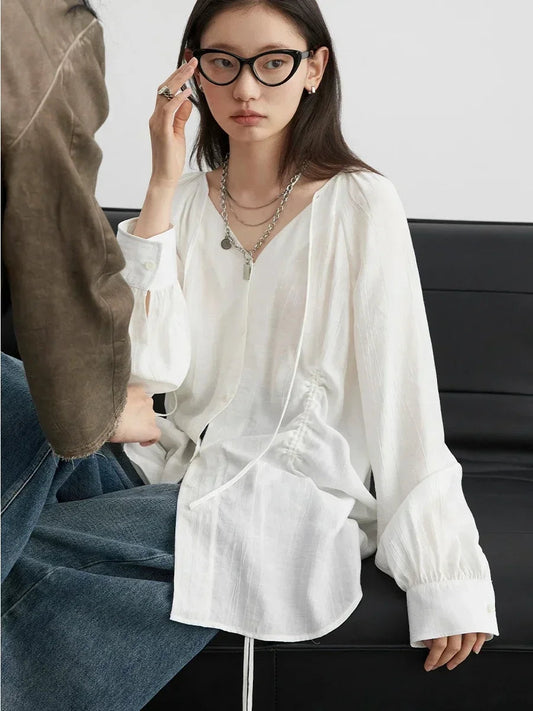 Women’s V-Neck Lace-Up Blouse Loose Pleated Spring Top Loran