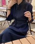 Casual-Chic Stand Collar Straight Dress with Tie Sash