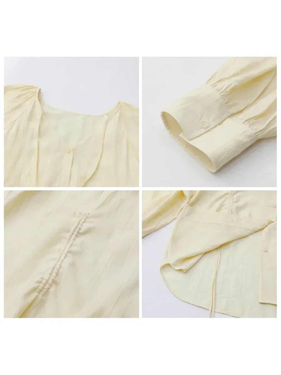 Women’s V-Neck Lace-Up Blouse Loose Pleated Spring Top Loran