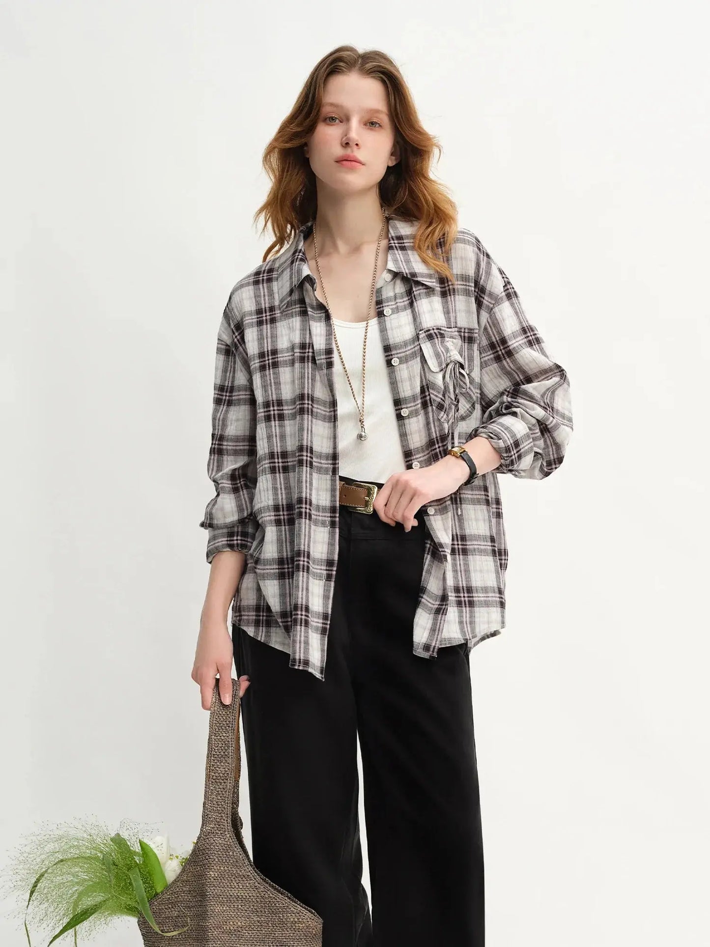 Plus Size Plaid Accent Drawstring Shirt LORAN STORE