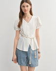Summer V-Neck Top with Textured Pleats