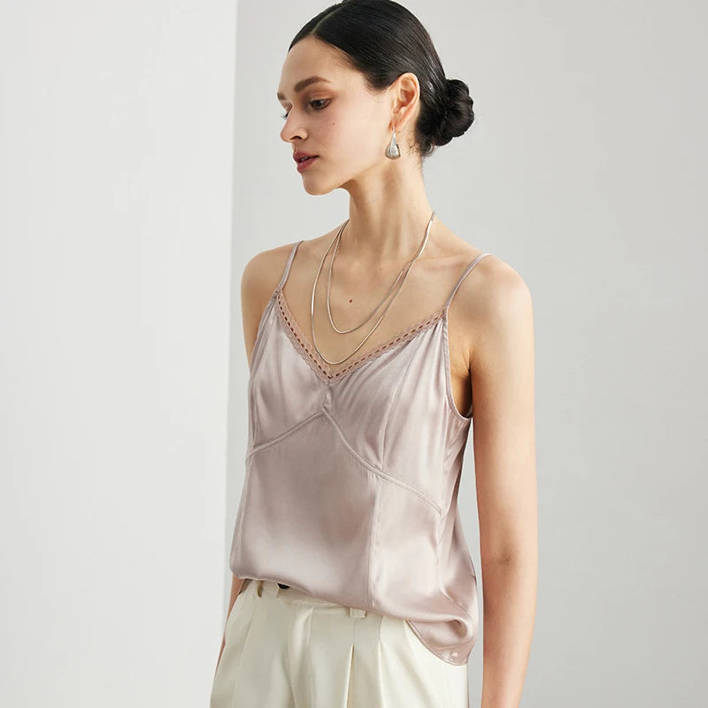 Women’s Real Silk Lace Camisole Chic V-Neck Top Loran