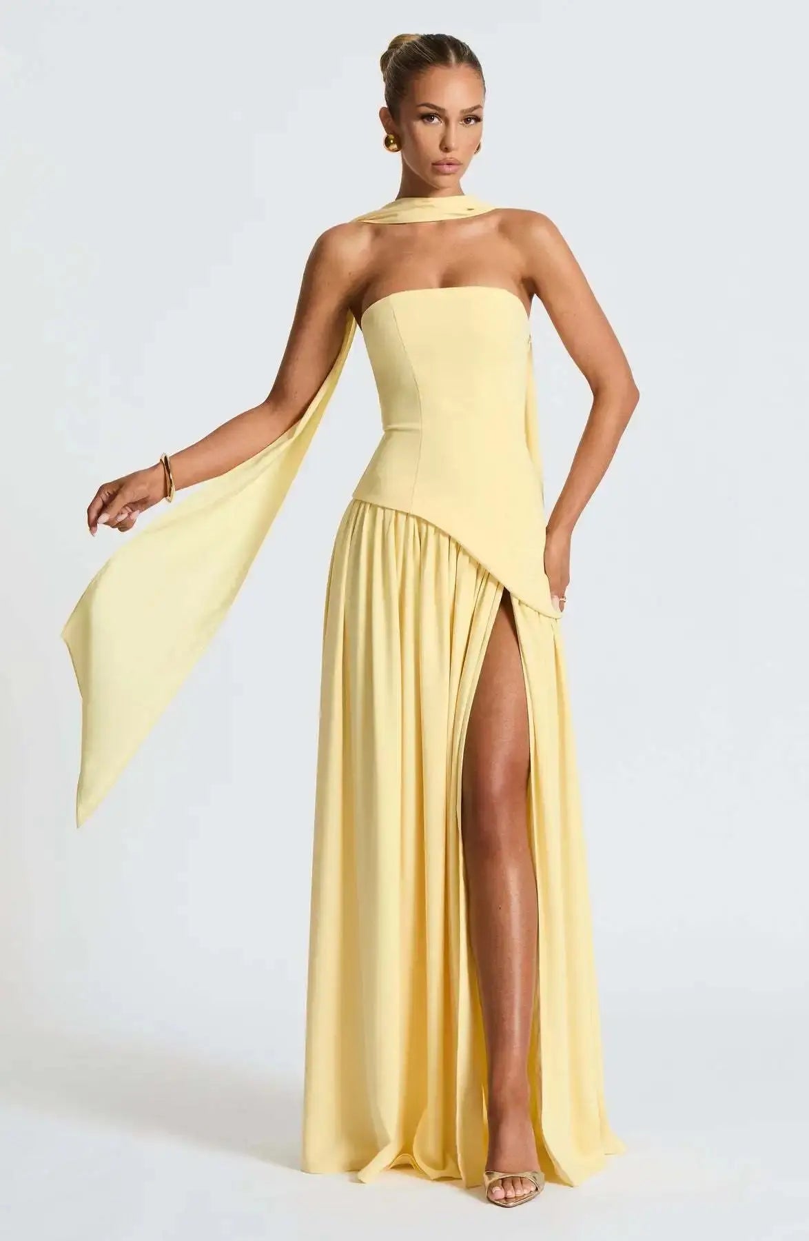 Sleek Solid Tube Top Maxi Dress with High Slit - Loran