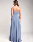 Deep V-Neck Blue Satin Floor-Length Prom Gown