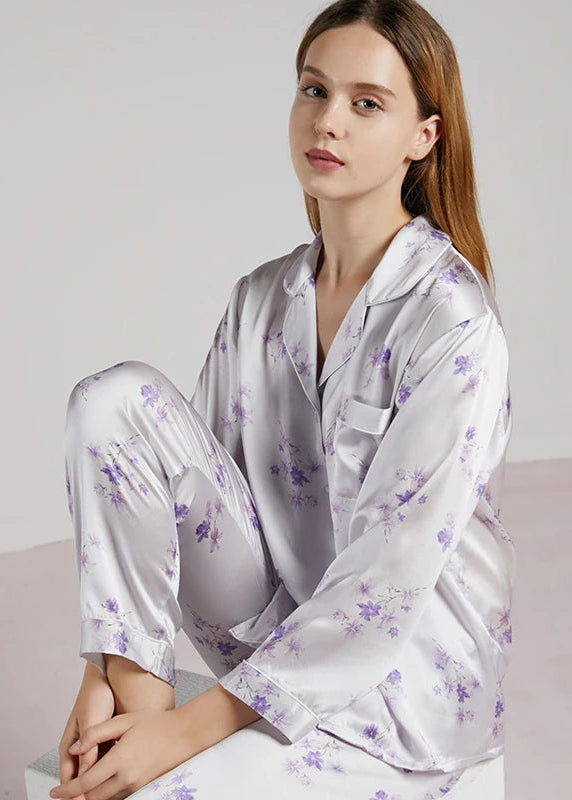 19MM 100% Mulberry Silk Pajamas Women Silk Sleepwear Lady Long-sleeved TrousersTwo-piece Spring Summer Loose Sexy Home Clothes Loran