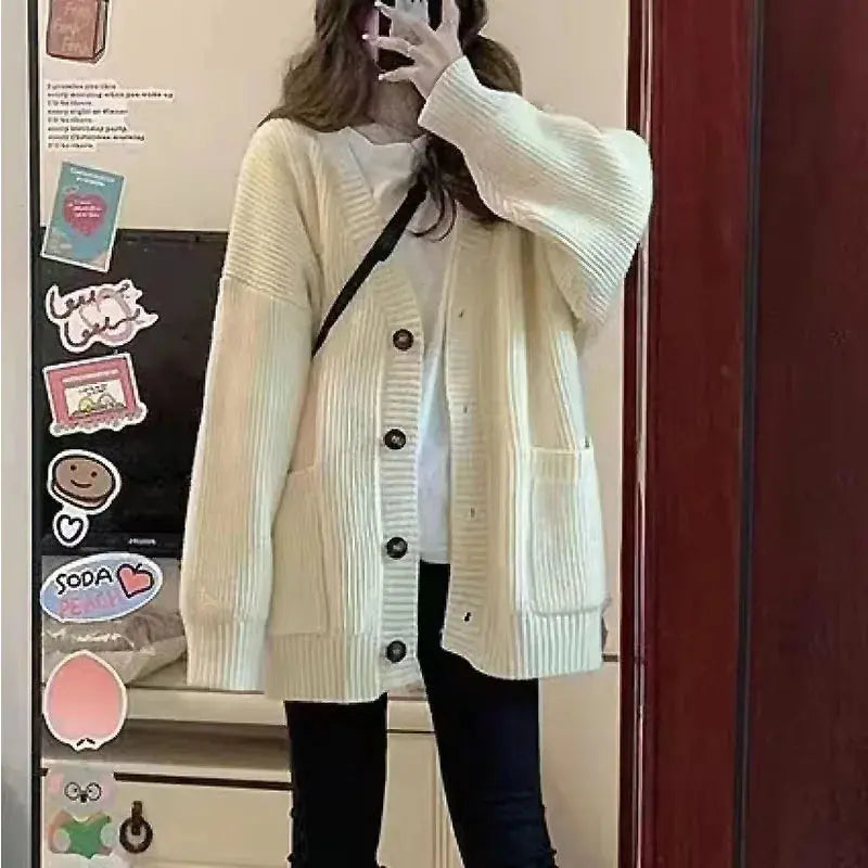 Casual V-Neck Long Sleeve Sweater Coat for Female Style - Loran