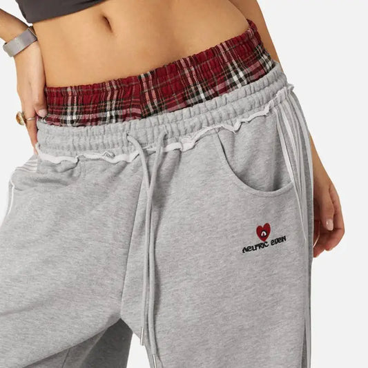 Retro College Double Waist Sweatpants Casual Sport Style