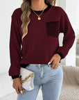 Chic Striped Color Block Knitted Top with Pockets - Lantern Sleeve Style