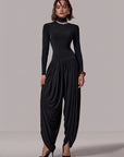 Sexy Slim-Fit Patchwork Jumpsuit with Draped Long Sleeves