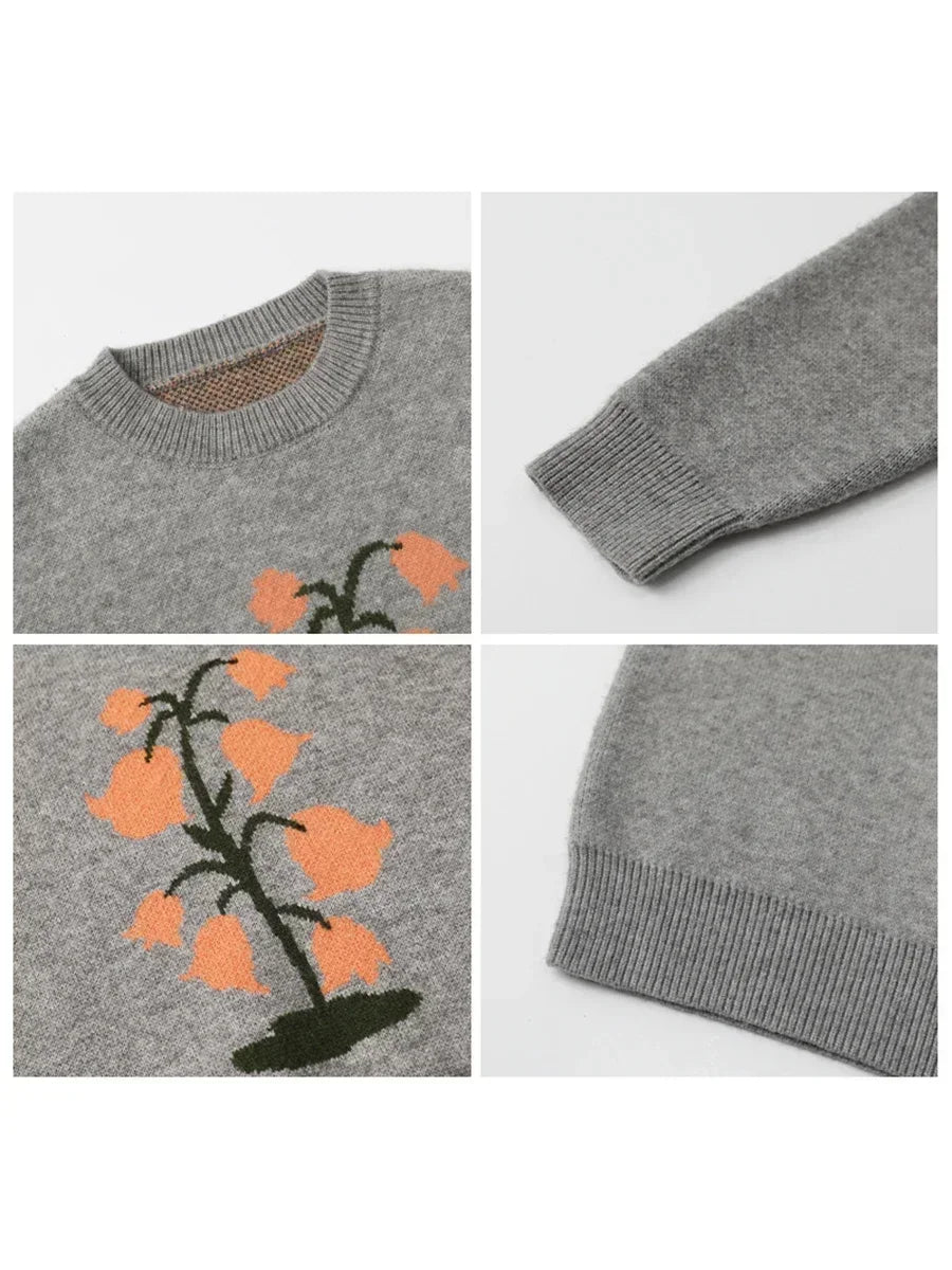 O-Neck Floral Cashmere Sweater Warm Winter Jumper Loran