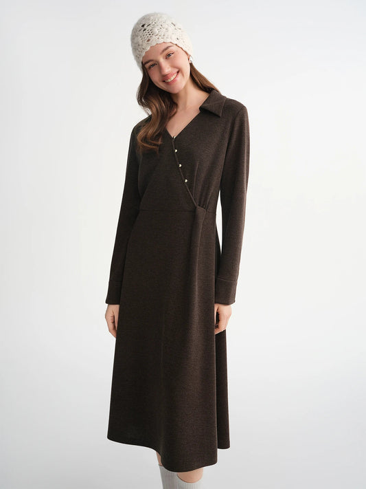 Women’s V-Neck Slant Placket Knitted Dress Retro Winter Style Loran