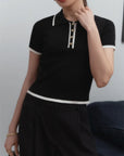 Contrast Patchwork Knit Top with Lapel Collar