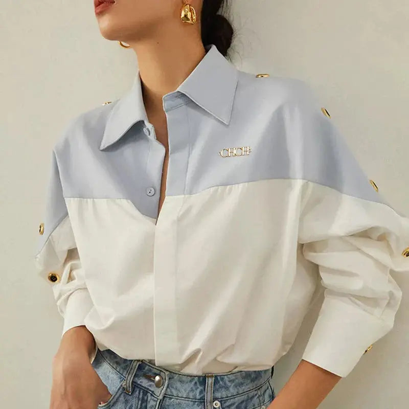 Contrast Patchwork Long-Sleeve Blouse - Loran