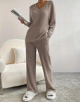 Women's Ribbed Knit Set - V-Neck Sweater & Pants