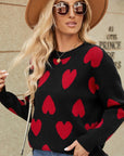 Mix Color Heart Knitted Jumper: Long Sleeve O-Neck Sweater for Women