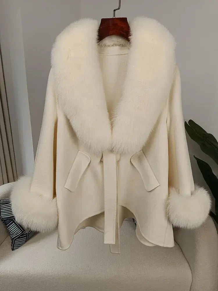 Luxury Wool Blend Cape with Detachable Fur Collar - Loran