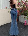 High-Waist Denim Flares with Bow Detail