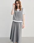 Simple Gray Short-Sleeve Faux Two-Piece Skirt Suit