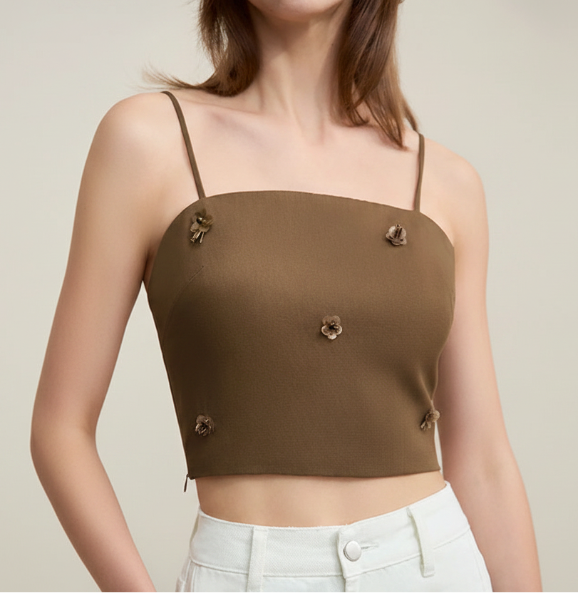 Amii Women's Camisole 2026 Spring New Casual Bead Women's Sleeveless Vest Square Neck Inner Wear Straps Short Slim Top 12621025 Loran