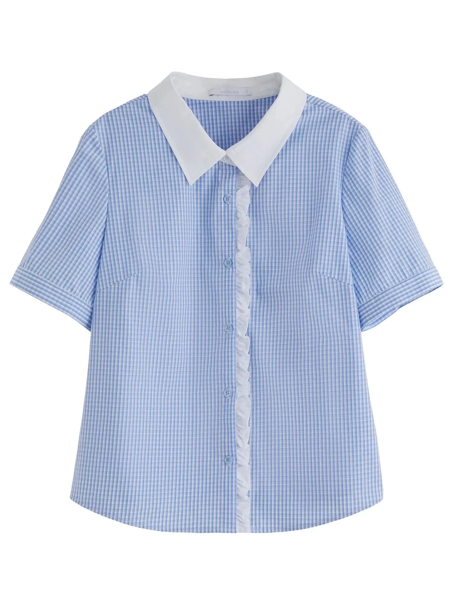 Plus Size Blue Plaid Retro Lace Shirt LORAN STORE