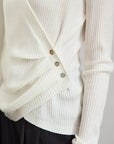 Women's V-Neck Knitted Sweater with Shell Buckle Detail