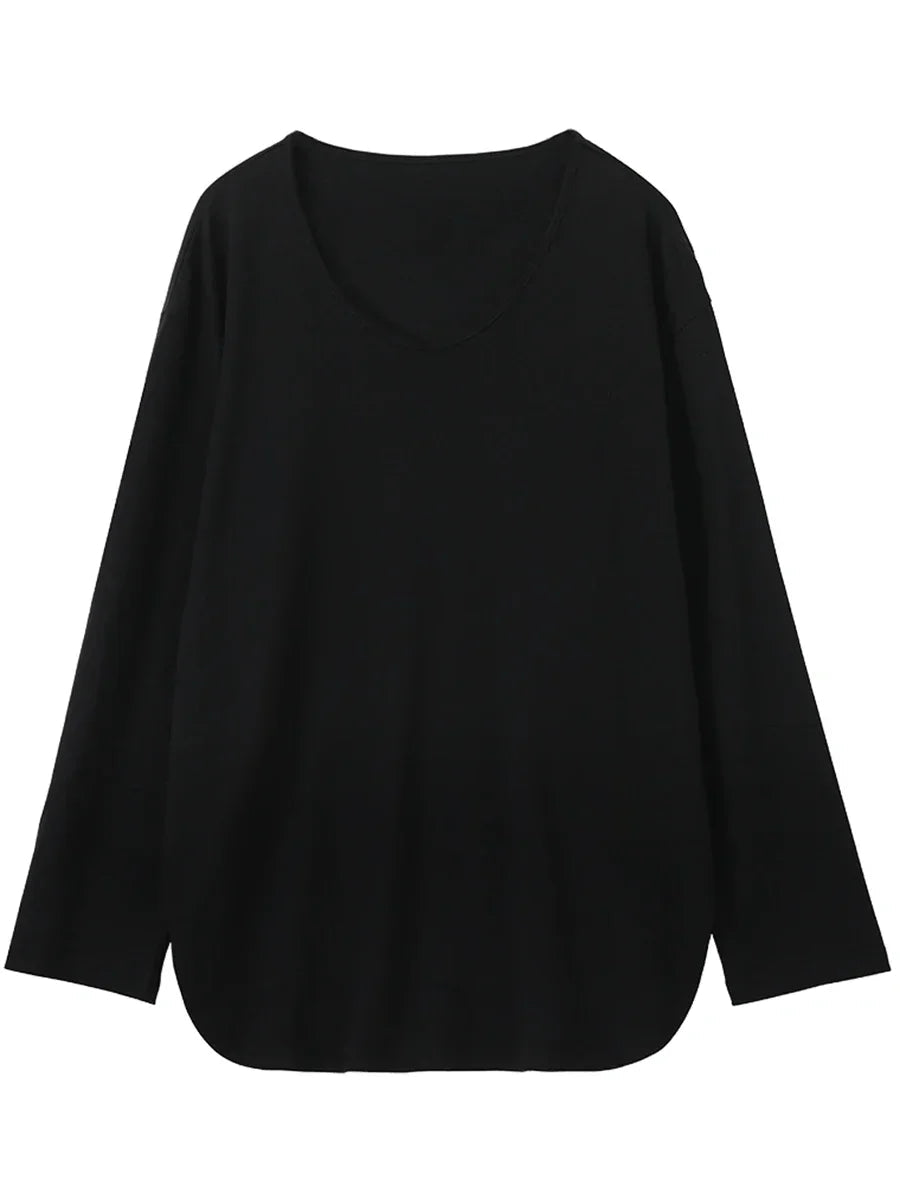 Loose U-Neck Long Sleeve Tee Casual Split Hem Top Loran