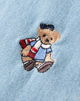 American Retro Bear-Embroidered Denim Shirt (Plus Size)