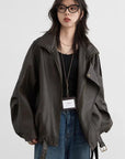 Chic Faux Leather Standing Collar Jacket