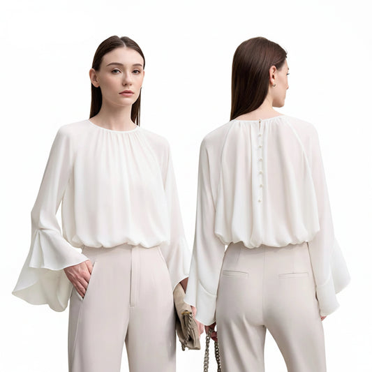 Amii Women Blouse 2026 Spring New O-Neck Raglan Flare Sleeve Chiffon Shirt Versatile Elegant Women's Long Sleeve Top 12621052 Loran