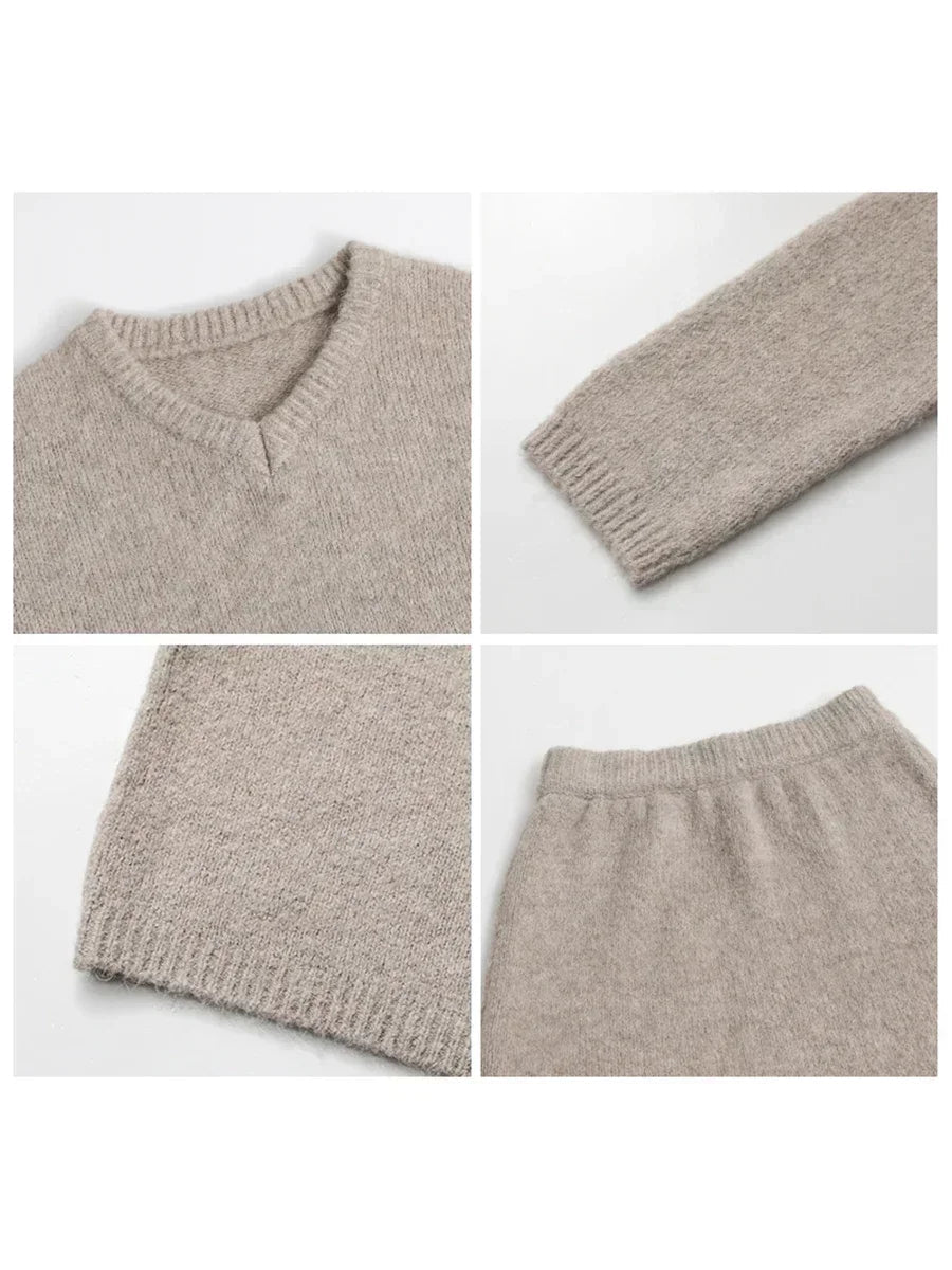 CHIC VEN Fashion Women Skirt Set Pullover Loose New Mini V-neck Solid Sweater Straight Leg Skirts Spring Autumn 2024 Loran