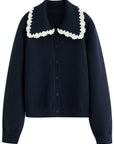 Embroidered Knit Cardigan with Lace Trim and Collar