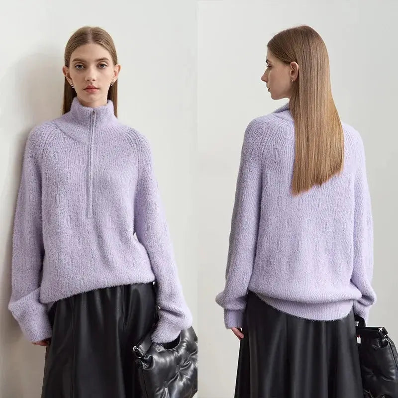 Women's Loose Fit Turtleneck Sweater with Quarter-Zip - Loran