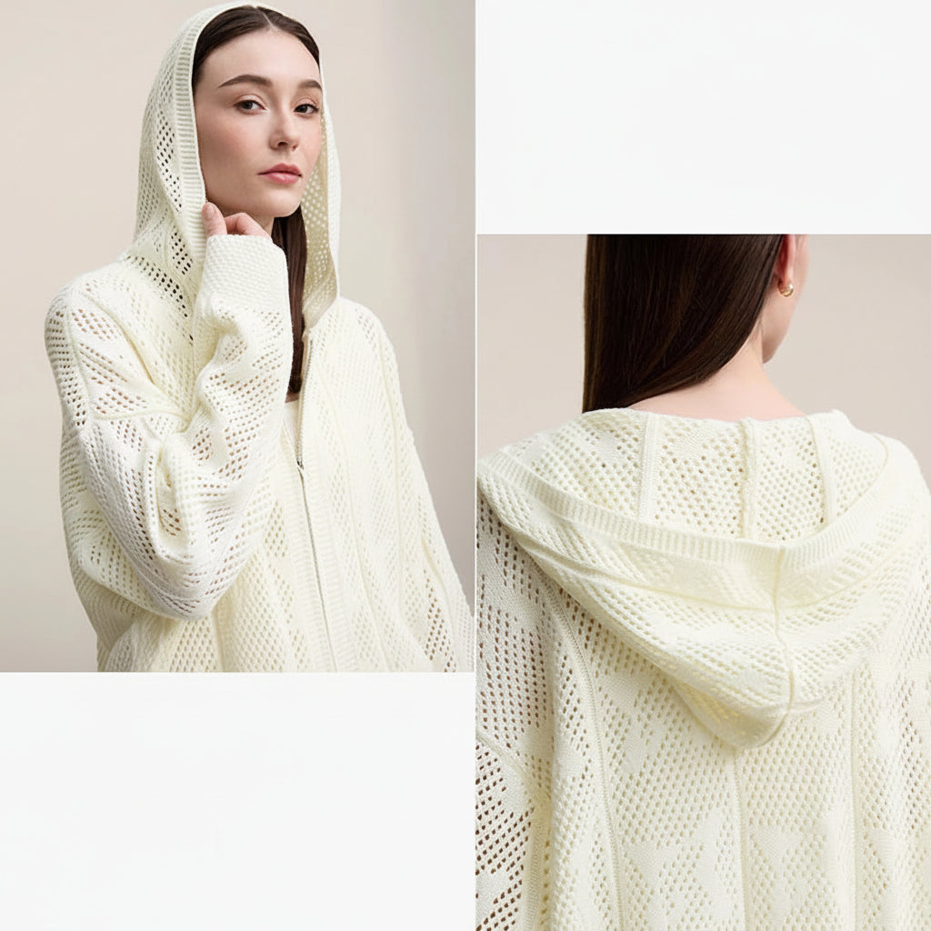 Amii Cardigan For Women 2026 Spring New Hollow Jacquard Wool Knitted Cardigan Casual Hooded Dual Zippers Loose Tops 12651032 Loran