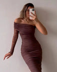 Mesh Midi Dress Fold Sexy Slim Cocktail