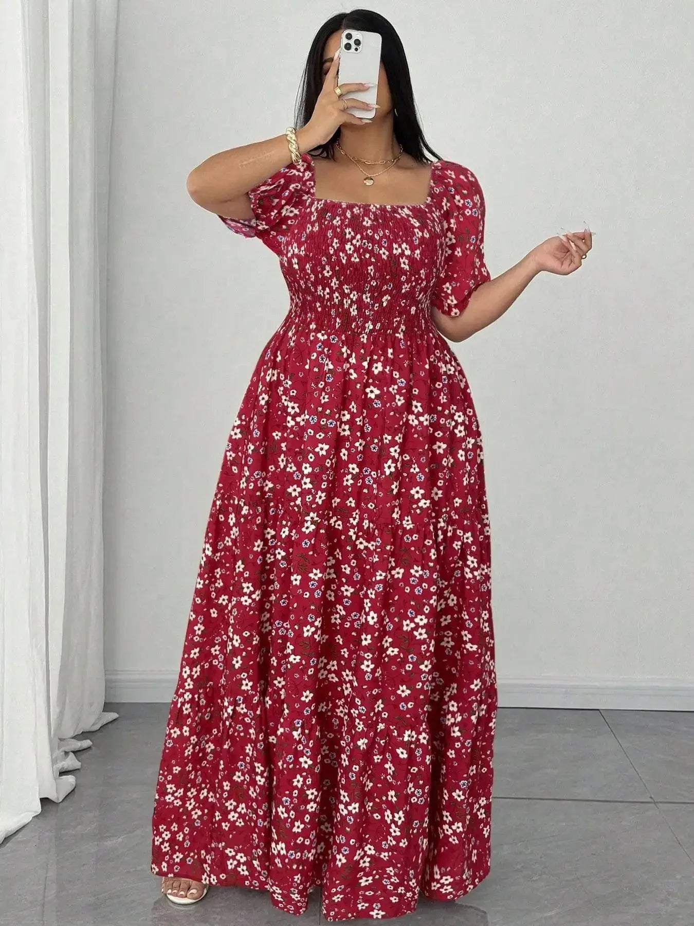 Plus Size Floral Fitted Woven Dress - Loran